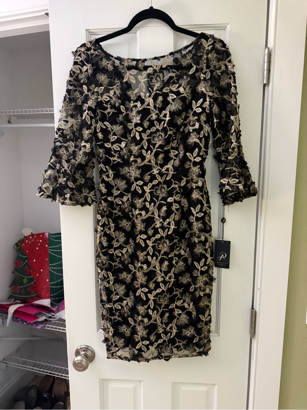Adrianna Papell Black Dress with Gold Floral Lace